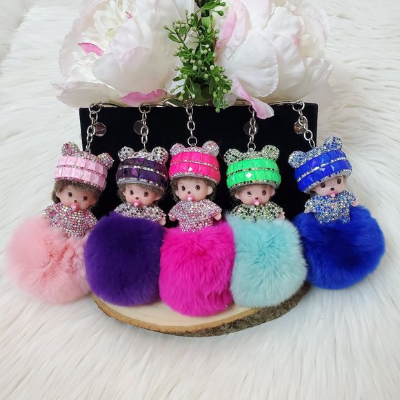 GreenSnooker Monchichi Rabbit Fur Fuchsia Keychain, Bag Pendant - Picture 10 of 10